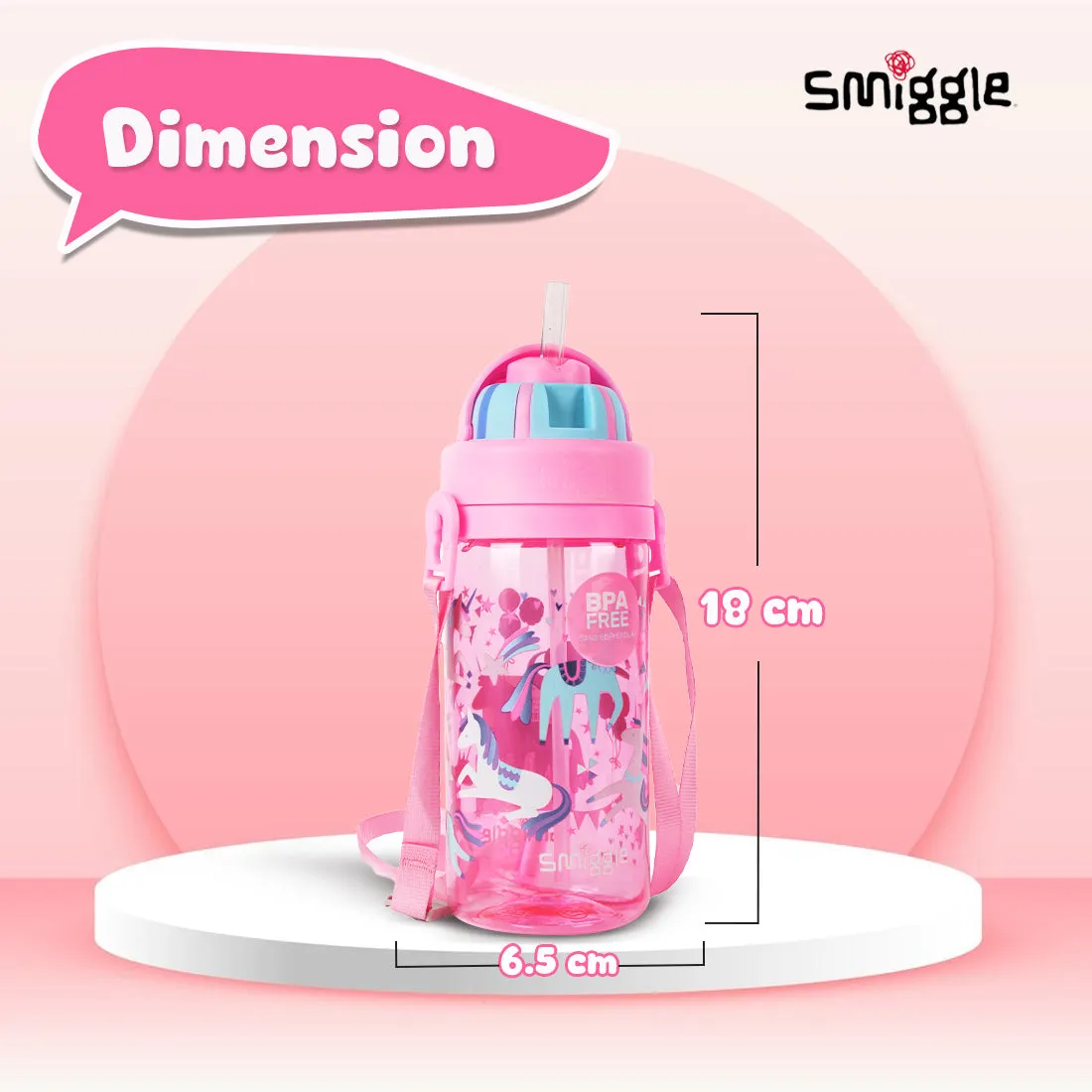Smiggle Glide Teeny Tiny Plastic Drink Bottle With Strap 400Ml Pink, 3Y 