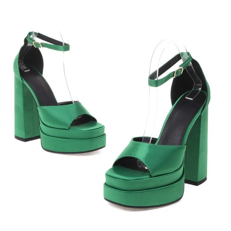 Women's Silk Microfiber Leather Fish Mouth Chunky High Heel Sandals